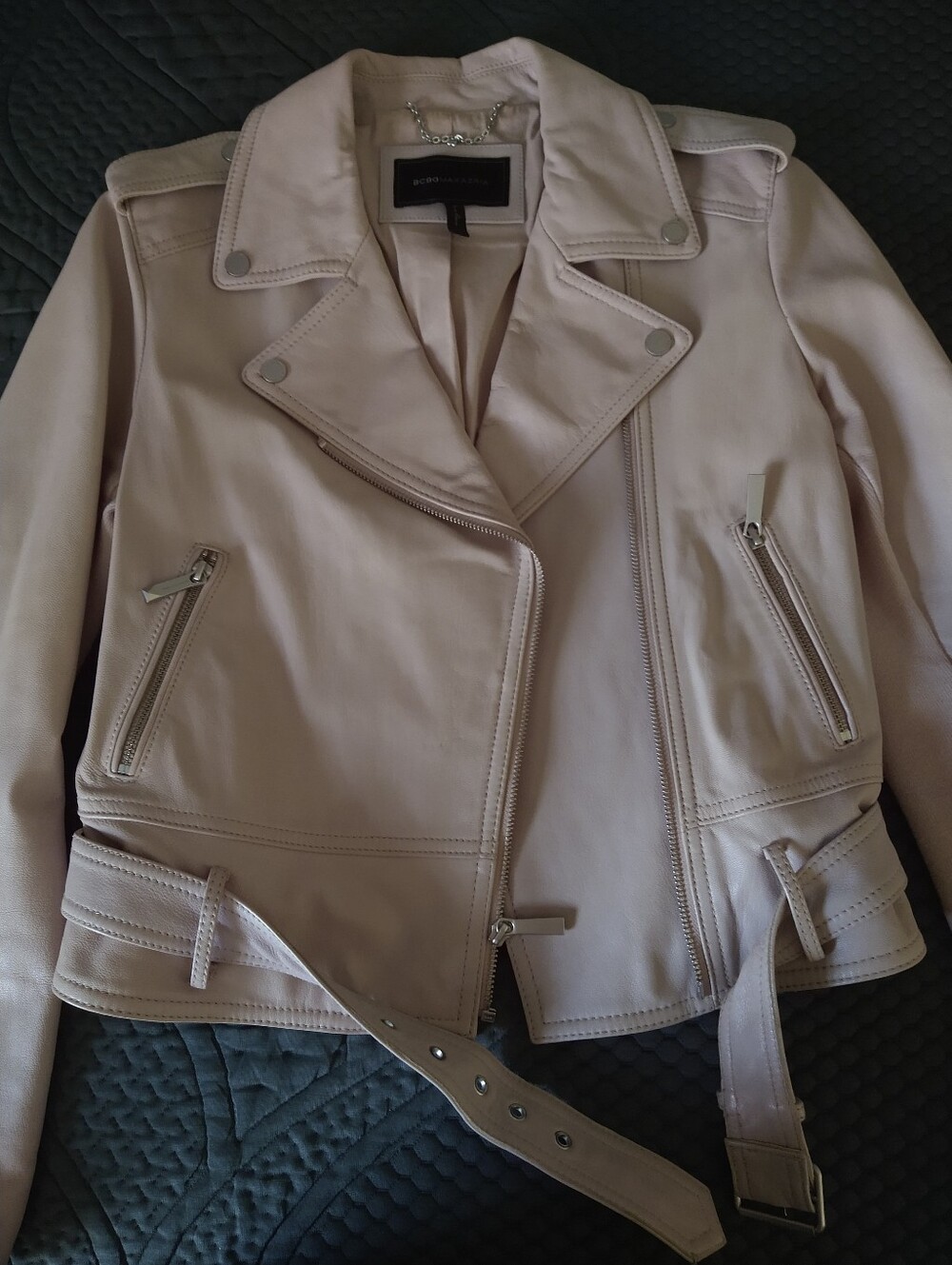 BCBG MaxAzria Rowan Light Pink Pebble Leather Moto Jacket with Belt Size Medium